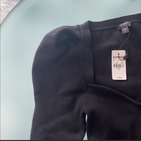 NWT! EXPRESS Ribbed Puff Shoulder Cutout Sweater Thong Bodysuit - Picture 9 of 10